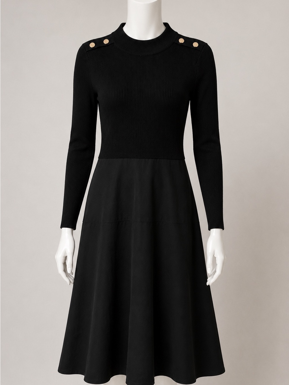 T Tahari Black Long Sleeve Fit-and-Flare Dress with Gold Shoulder Buttons
